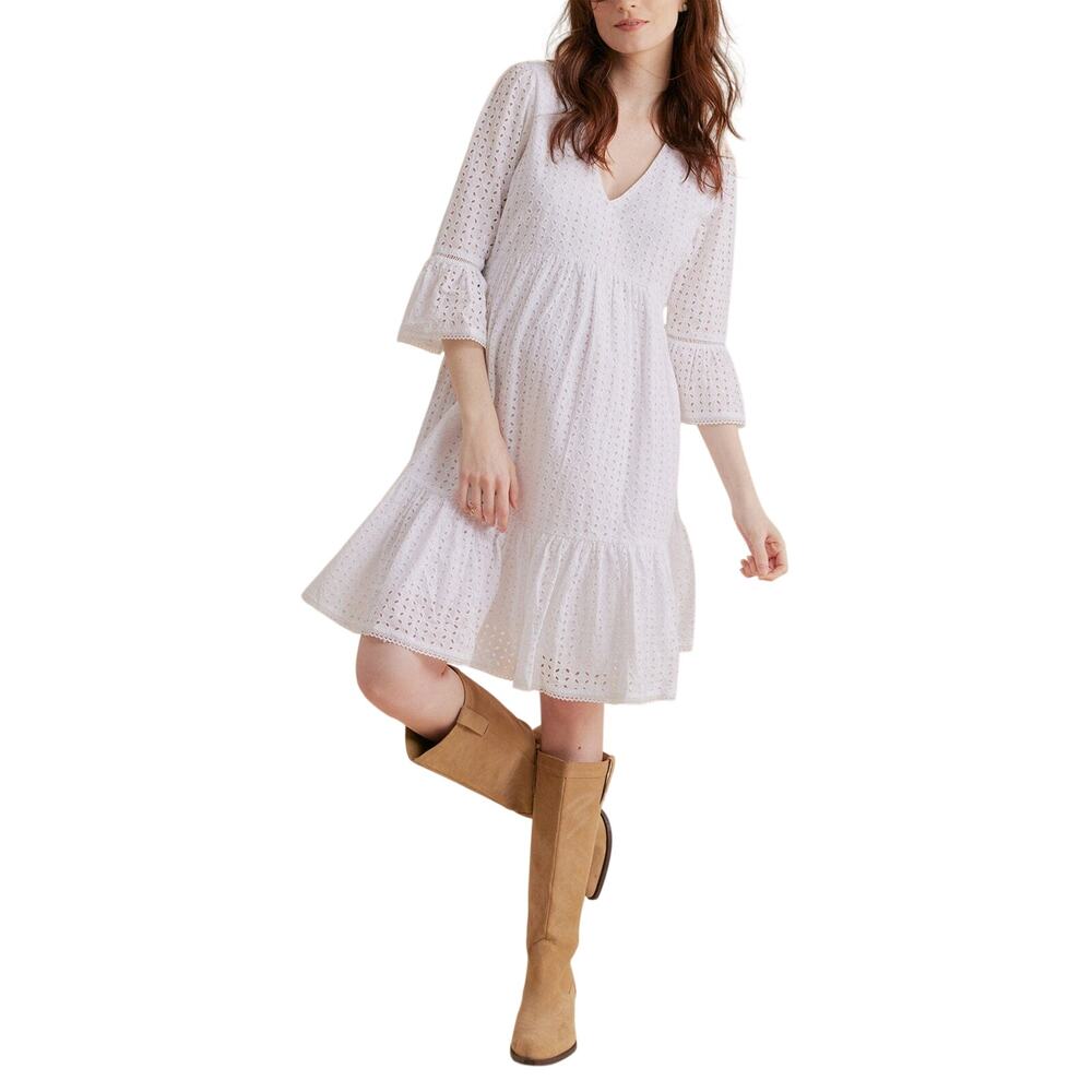 Hatch Elegant Optic White Bell Sleeve Eyelet Mini Dress Size S